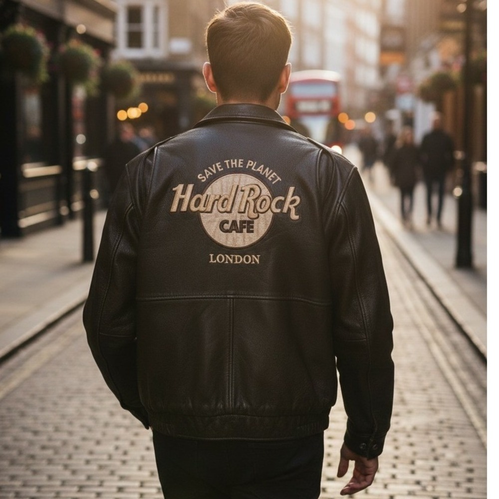 VTG Hard Rock Cafe London Leather Bomber Jacket Mens L Dk Brown #344Kbx